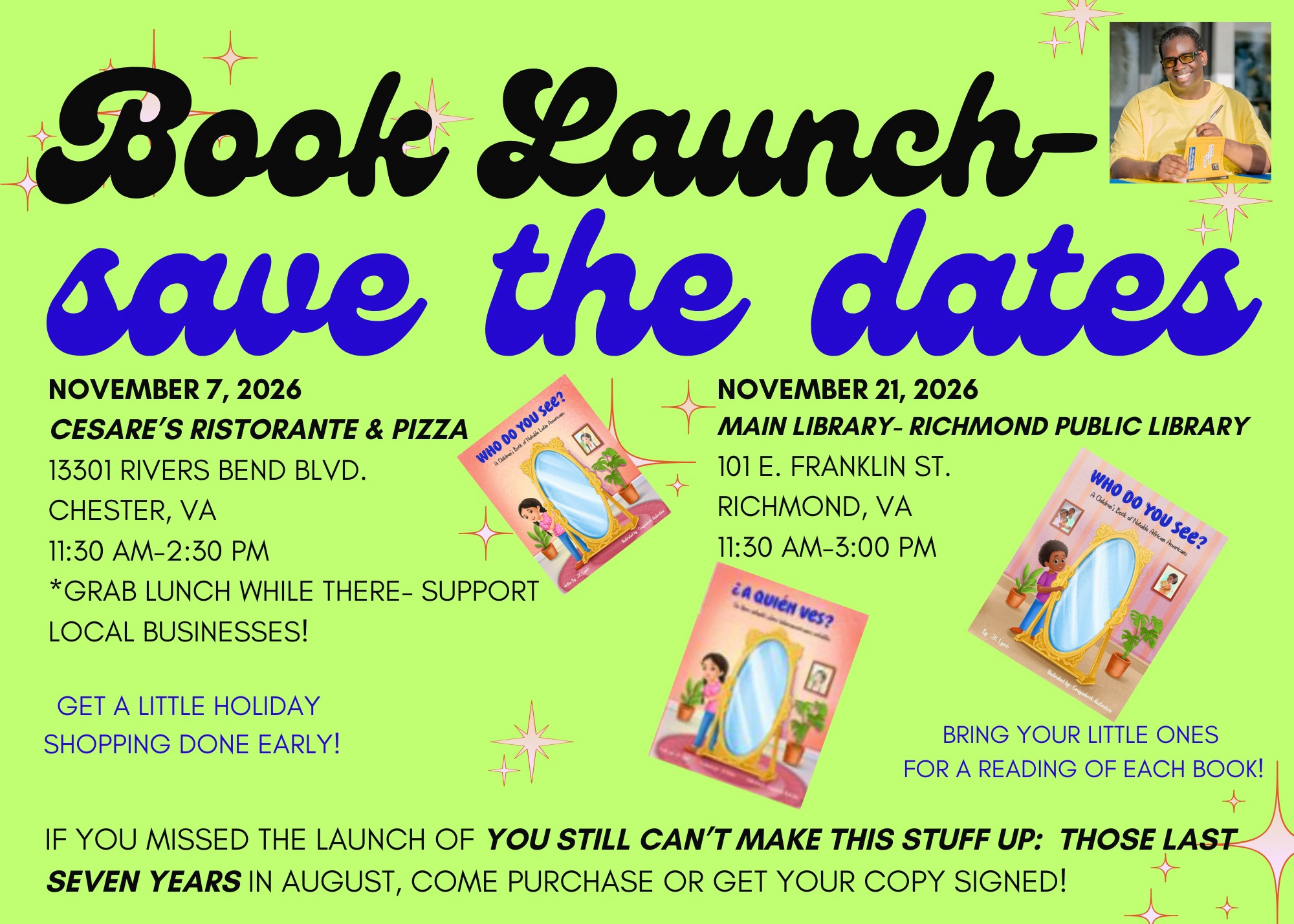 Book Launch save the dates flyer: November 7, 2026 at Cesare’s Ristorante & Pizza, Chester, VA, 11:30 AM-2:30 PM; November 21, 2026 at Richmond Public Library Main Library, Richmond, VA, 11:30 AM-3:00 PM